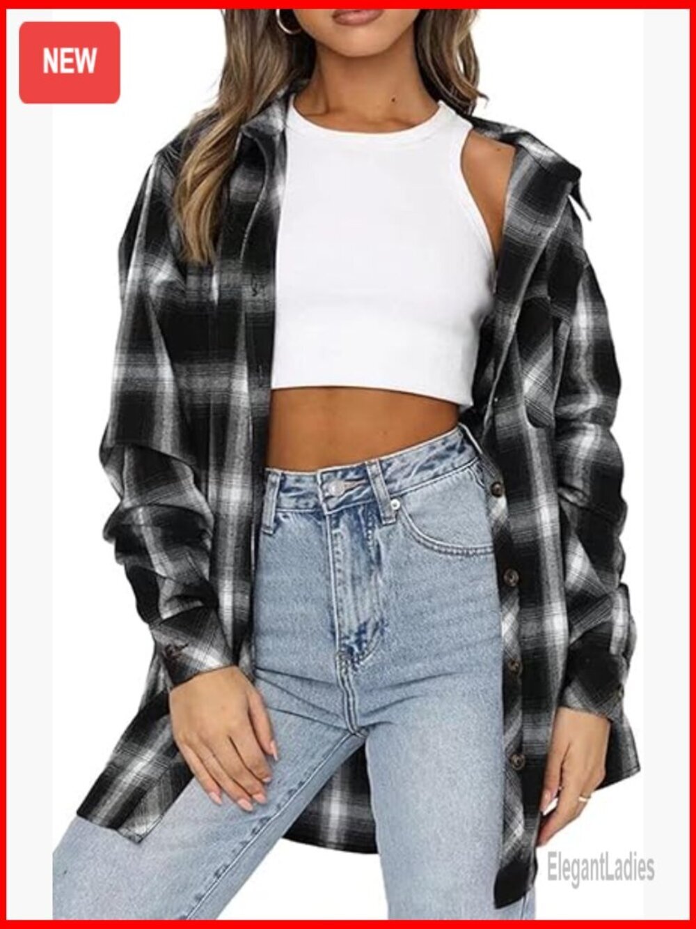 Oversized Flannel Button Down Shirt Long Sleeve Plaid Blouse Loose Fit